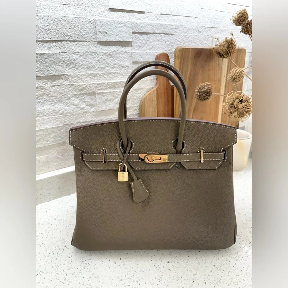 Birkin 35 Etoupe Togo inspired Taupe Leather Handbag with gold hardware - Picture 5 of 16